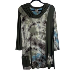 Parsley And Sage Size Large Cowl Neck Tunic Top Green Tie Dye Artsy Abstract